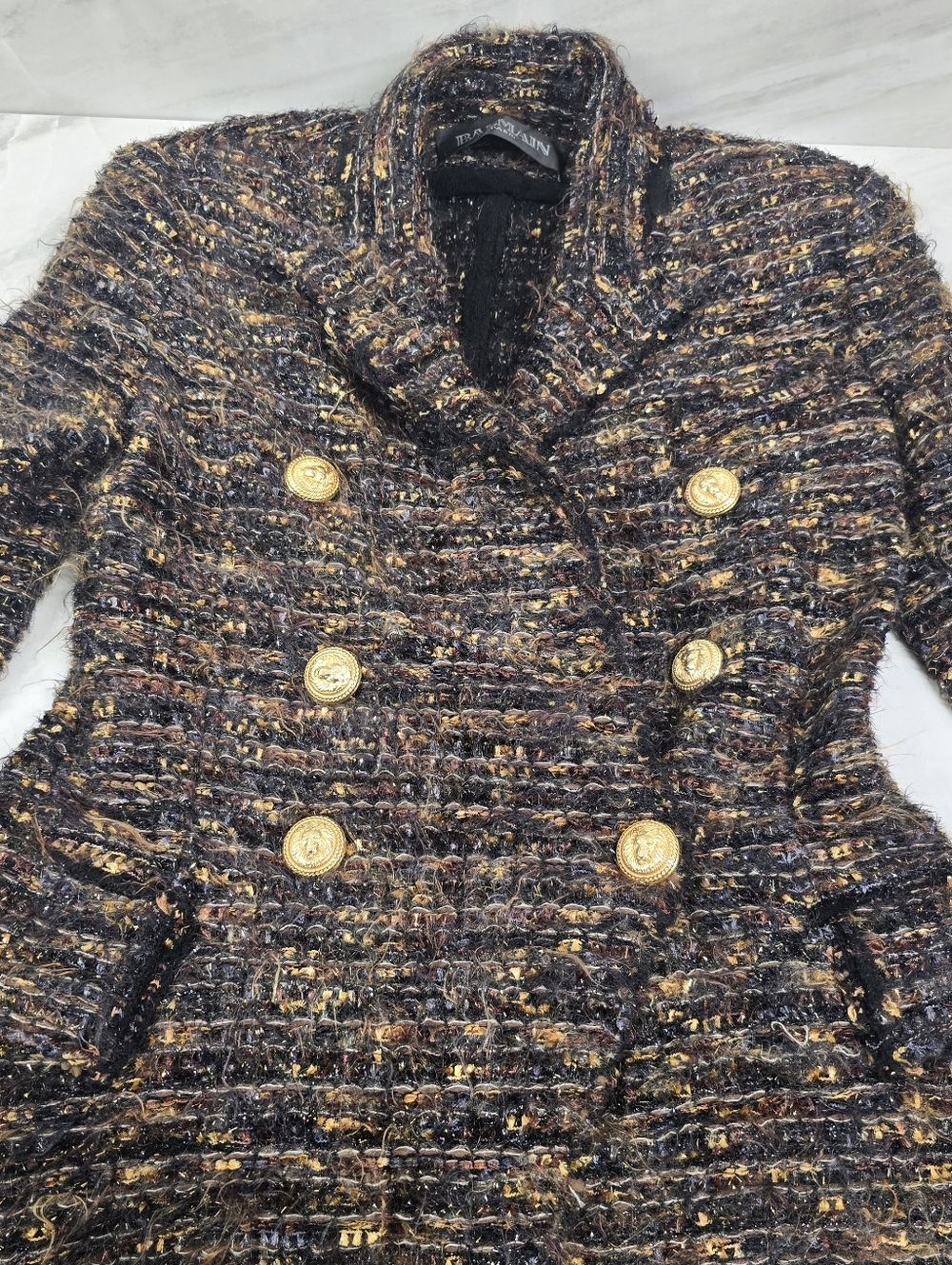 Balmain Women's Tweed Double-Breasted Jacket in Black/Gold - NWOT